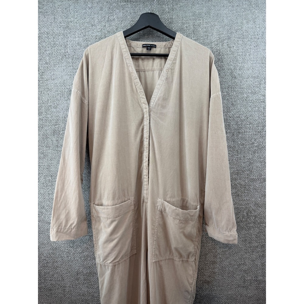 James Perse Women's Sz 3 Large Corduroy Jumpsuit Beige Long Sleeve V-Neck Button